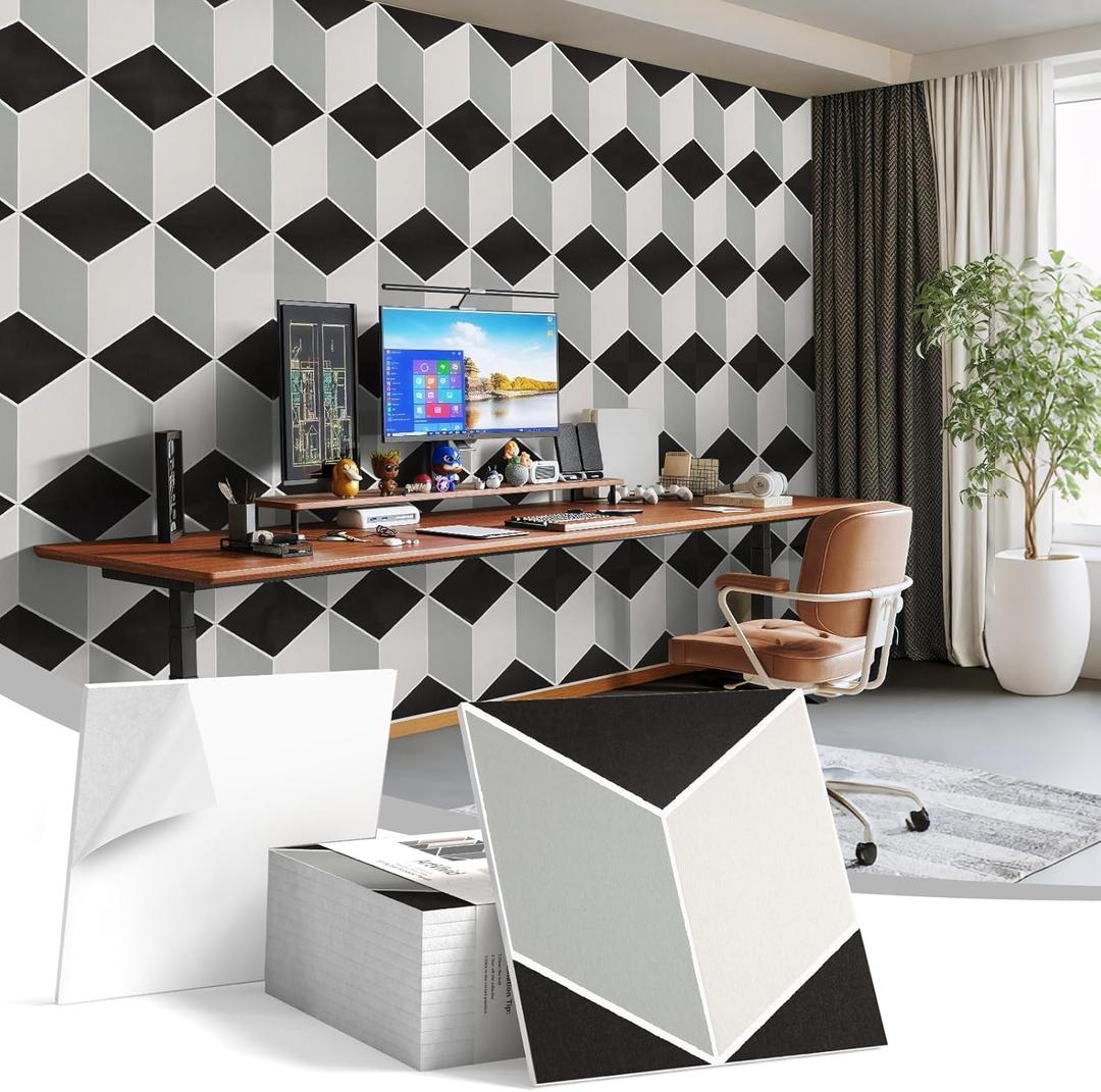 12Pack Acoustic Panels, Self-Adhesive Sound Proof Panels for Walls, Decorative 3D Textured Printing Sound Dampening Panels Sound Absorption Tiles for Studio, Office, Home, 12120.4", Black and White