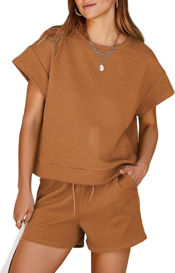 Dokotoo Women's 2 Piece Outfits Sweatsuit Casual Short Sleeve Pullover Tops and Drawstring Shorts Pants Lounge Sets (Brown, M)