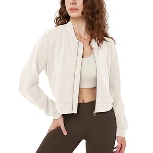 Modal Soft Full-Zip Bomber Jacket for Women Long Sleeve Casual Fall Outfit Crop Top with Pockets, Ivory, S