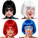 MEEZY 4 Pack Colored Bob Wigs with Heart Sunglasses for Women, Funny Cosplay Neon Wig with Bangs Halloween Costume Colorful Short Bob Hair with Hair Cap for Fancy Dress Carnival Bachelorette Party (Black, Red, Royal Blue, White)