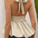 Tankaneo Womens Deep V Neck Halter Tank Tops Summer Trendy Casual Bubble Hem Tie Back Sleeveless Shirts Apricot (Beige, M)