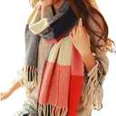 Wander Agio Women's Fashion Long Shawl Big Grid Winter Warm Lattice Large Scarf (Orange Red)