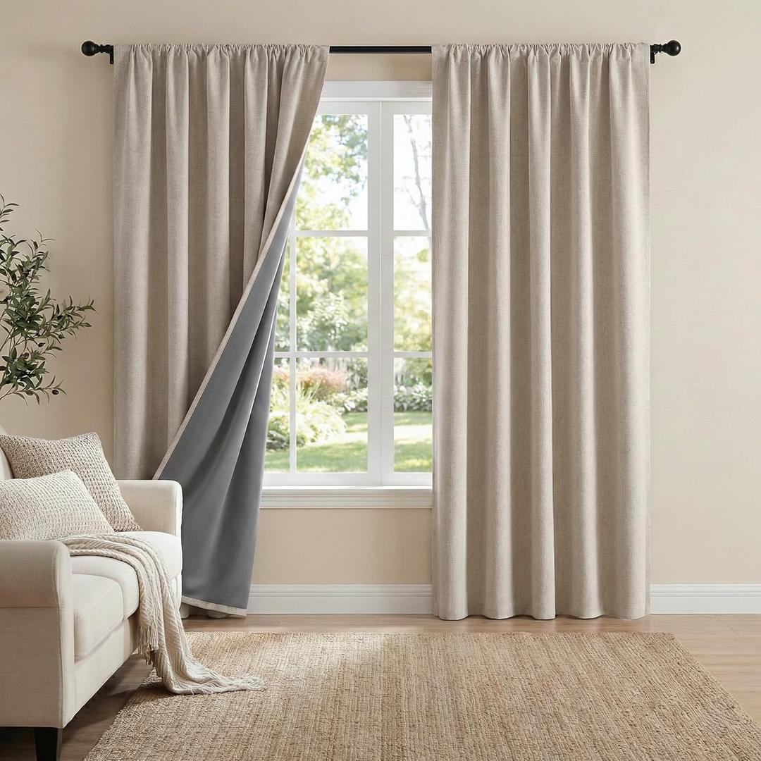NICETOWN 100% Blackout Curtains for Bedroom & Nursery - Thermal Insulated Rod Pocket Drapes, Faux Linen Textured Draperies with Gray Blackout Liner, Natural, W52 x L80 in, 2 Panels