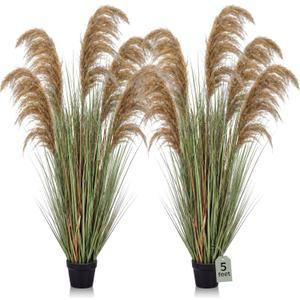 Jexine 2 Pcs Pampas Grass Potted Plants 5 ft Tall Artificial Grass Potted Artificial Greenery Floor Plants Tall in Pot for Housewarming Gift House Garden Bathroom Lobby Outdoor Decoration (Fall)