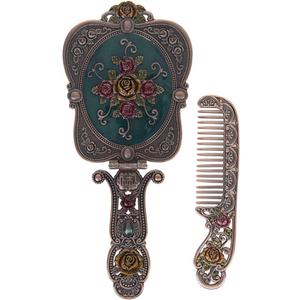 Nerien Antique Mirror Comb Set Vintage Metal Handheld Makeup Mirror with a Comb Russian Style Embossed Rose Hand Mirror Travel Portable Foldable Mirrors Decorative Tabletop Stand Mirrors Copper