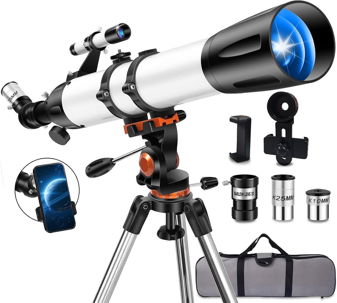 Telescope for Adults High Powered 90mm Aperture 800mm (32X-240X), Refractor Telescopes for Astronomy Beginners with AZ Mount Tripod, Phone Adapter, Carry Bag (80090white)