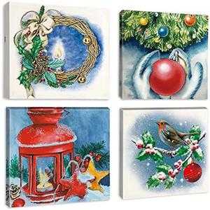 OTOSTAR 4 Pieces Christmas Wall Art Canvas Prints - Christmas Decoration Picture Painting - Modern Wall Artwork Framed for Gifts Bathroom Home Kitchen Office Christmas Decor - 12 x 12 Inch