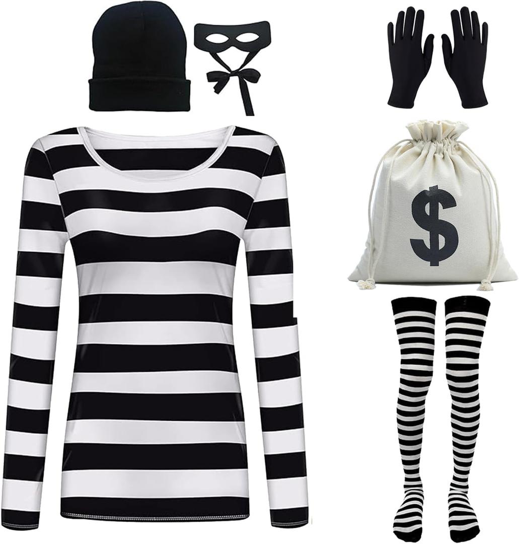 Adult Women's Robber Costume, Bank Robber Costume Thief Accessories for Halloween Costume (Medium)