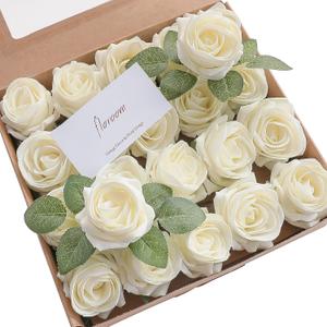 Floroom Artificial Flowers 20pcs Real Looking Ivory High-Centered Foam Fake Roses with Stem for DIY Wedding Bouquets Bridal Shower Centerpieces Floral Arrangements Party Tables Home Decorations