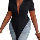 LYANER Women's Button Down Collar V Neck Open Front Short Sleeve Slit Hem Long Shirt Blouse Tops