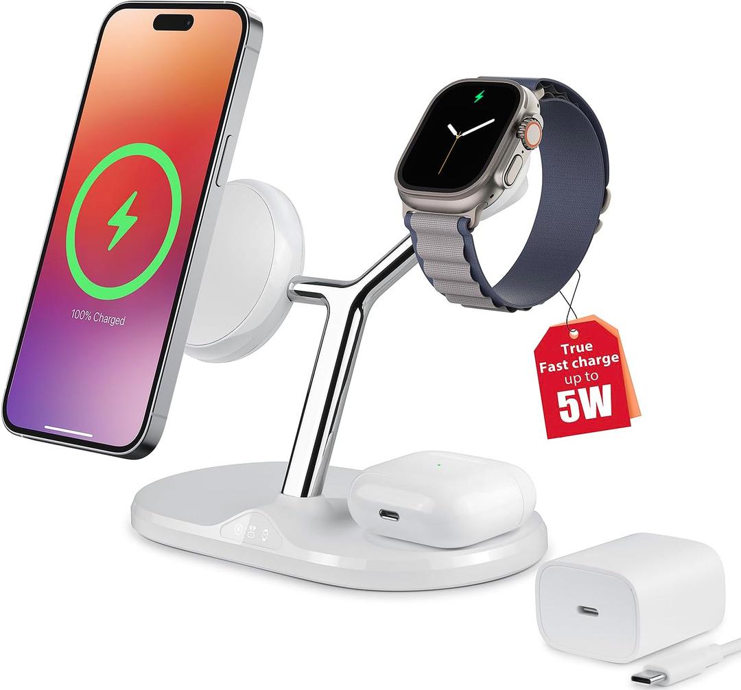 3-in-1 Wireless Charging Station for Apple Devices - Fast Charging Station for iPhone and Watch with MagSafe, Stable Charger Stand for iPhone 12-15 & iPhone 16 & iWatch & AirPods (Included adapter, White)