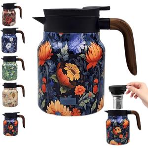 Vintage Floral Pattern Tea Pots Built-in Infuser,Vintage Floral Teapot with Built In Infuser Stainless Steel Thermal Carafe with Lid for Hot Drinks,Purple (Wooden handle,35oz)