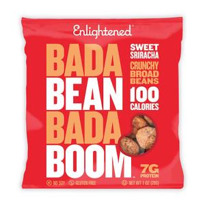 Enlightened Bada Bean Bada Boom - Plant-Based Protein, Gluten Free, Vegan, Crunchy Roasted Broad (Fava) Bean Snacks, 110 Calories per Serving, Sriracha, 1 oz, 24 Pack (EXP 05/05/26)