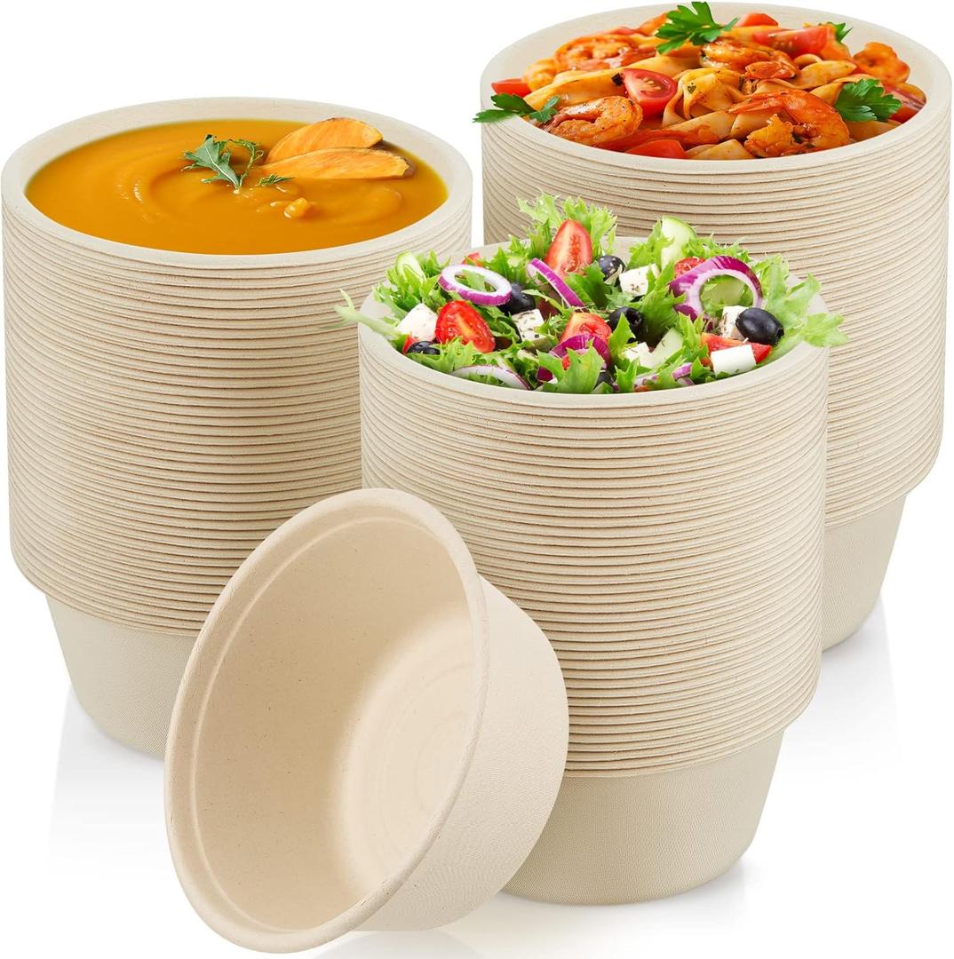 Tessco for you 40 oz 100 Pack Large Disposable Salad Bowls Deep Heavy Duty Paper Bowls Sugarcane Fiber Compostable Biodegradable Microwave Safe for Hot Cold Soup Ramen Popcorn Pasta (Natural Color)