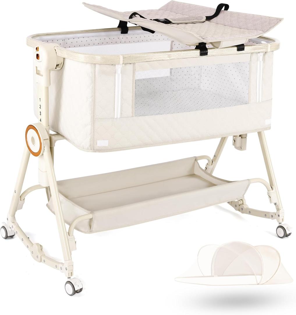 Baby Bassinets Bedside Sleeper 5 in 1,Bedside Bassinet for Baby with Mattress,Diaper changer, Storage Layer,Mosquito Net,7-level adjustable height , one-touch folding for travel with infants(Beige)