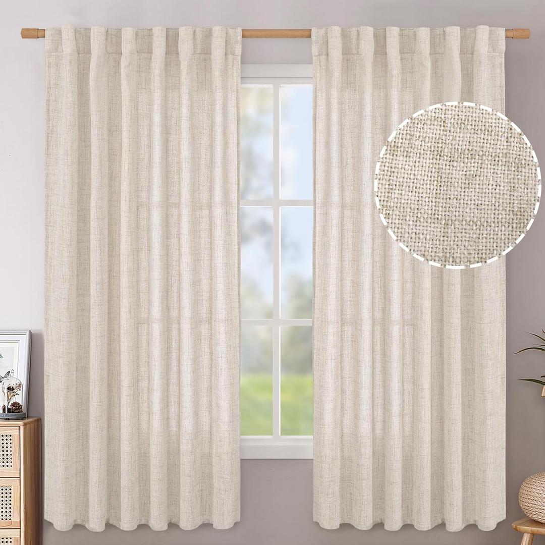 BGment Linen Curtains 63 Inch Length 2 Panels for Living Room - Semi Sheer Drapes Light Filtering Neutral Cream Window Treatments with Rod Pocket Back Tab for Bedroom Rustic, 52 X 63 Inch