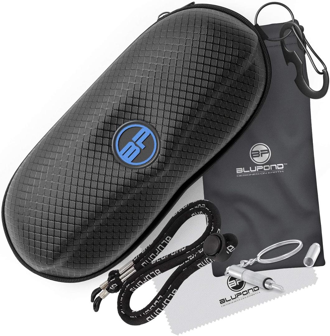 BLUPOND Sunglasses Case Semi Hard EVA Shell with Metal Hanging Hook Belt Clip Sun Glasses Storage (Pack of 1, Bluelogo)