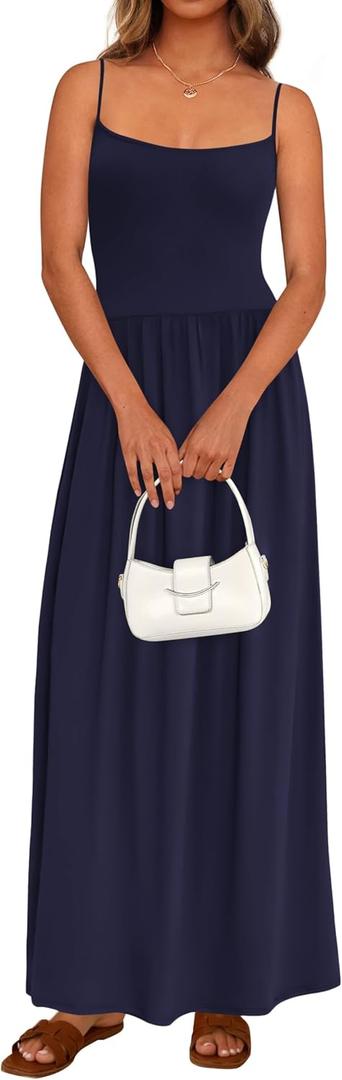 PRETTYGARDEN Womens Spaghetti Strap Maxi Dresses Sleeveless Summer Dress Long Casual Knit Flowy Beach Sundresses with Pockets (Blue, L)