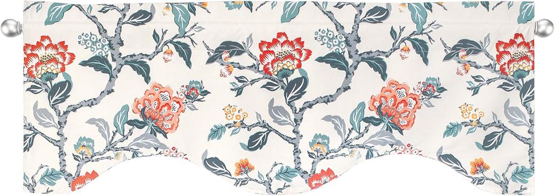 DriftAway Ada Botanical Print Lined Flower Leaf Thermal Insulated Window Valance Rod Pocket Scalloped Swag Valance 52 Inch by 16 Inch Plus 2 Inch Header Ivory Orange Teal 1 Pack