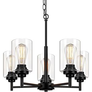 5-Light Chandelier for Dining Room Kitchen Island Modern Farmhouse Pendant Lighting with Clear Glass Shades Industrial Black Hanging Ceiling Light Fixture for Living Room, Height Adjustable