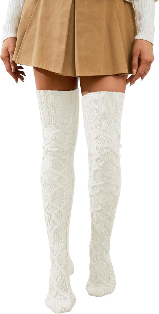 Leoparts Cable Knitted Thigh High Socks for Women Winter Extra Long Over Knee High Leg Warmer Stockings, 39 inches