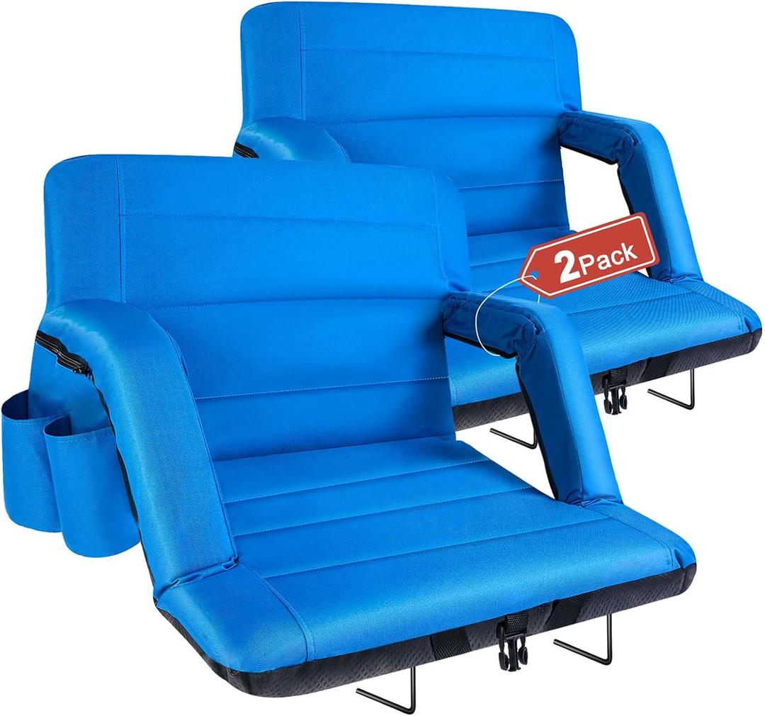 yeyeeyyee Stadium Seats with Back Support 2 Pack Wide, Exclusive Bleacher Chairs with Back and Cushion Folding Stadium Chairs, 6 Reclining Positions Waterproof Bleacher Seats (Wide|22.5" Blue)