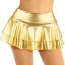 Women's Shiny Metallic Double Layered Ruffle Pleated Mini Skirt Rave Dance Festivals Costume (Medium, Gold)