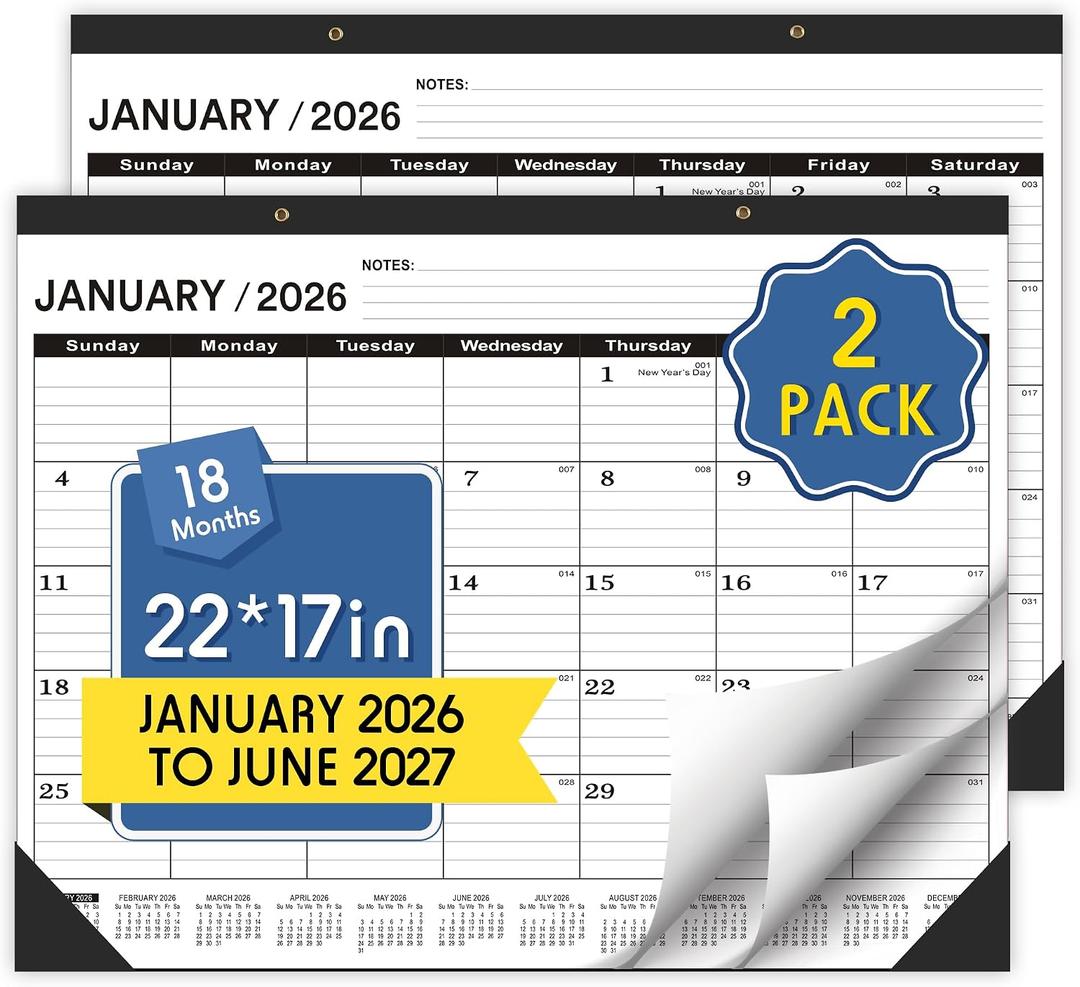 Desk Calendar 2026-2 PACK,January 2026 to June 2027,Desk calendar 2026-2027 Large 22x17, Calendar 2026 with PVC Cover,Round Holes& NOTES List (Black),18 Months 2026 Desk Calender
