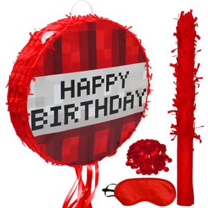 Birthday Pixel Pinata Set, Piata with Blindfold and Bat Stick for Groovy Hippie Theme Birthday Party Game Decorations Photo Props School Activities Wedding Christmas Party Supplies