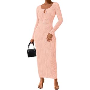 PRETTYGARDEN Cocktail Dresses for Women 2024 Fall Long Sleeve Tie Front Cut Out Bodycon Sexy Club Party Maxi Dress (Pink,Small) (Pink, S)