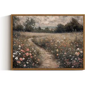 VIYYIEA Framed Canvas Wall Art Home Decor Vintage Landscape Nature Country Wildflower Paintings Farmhouse Pictures Floral Artwork Rustic Flower Prints Cottagecore Living Room Bedroom Bathroom 12x16in (16L" x 12W")