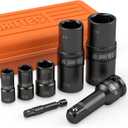 Lug Nut Impact Socket Set, Impact Driver Flip Socket, Five Sockets with 1/4-Inch Hex and 1/2-Inch Square Socket Adapters, Premium CR-MO Steel, with Molded Case