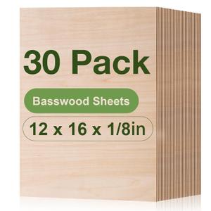 30 Pack Basswood Plywood, 12 x 16 x 1/8 Inch 3mm Plywood for Laser Cutting and Engraving, Thin Unfinished Wood Sheets Blanks for Architectural Models and DIY Wood Crafts