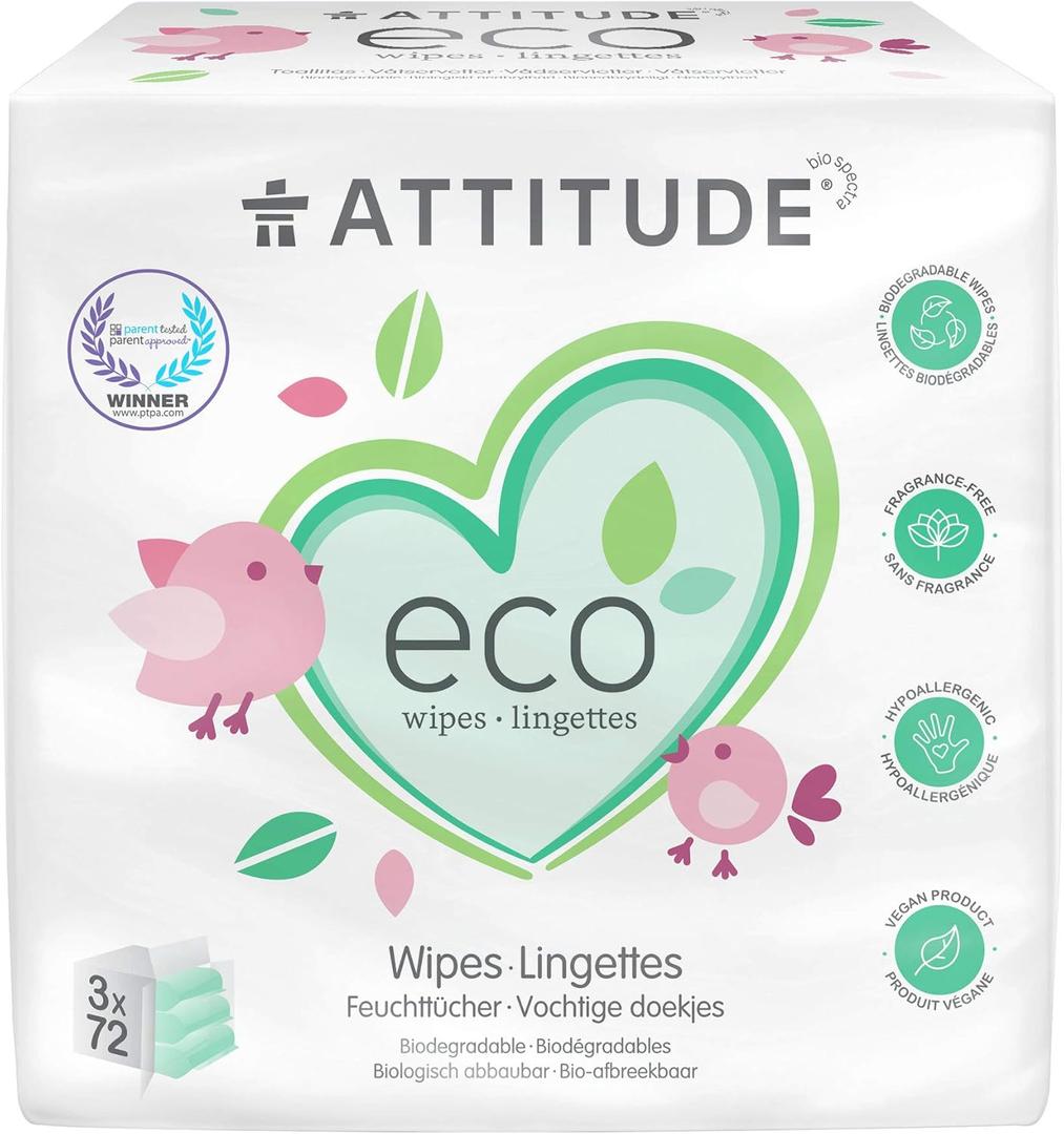 ATTITUDE Biodegradable Baby Wipes, Plant Based Unscented Diaper Wipes for Babies and Newborn, Dermatologically Tested, Vegan, 72 Count (Pack of 3)