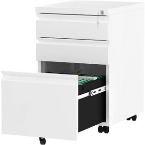 YITAHOME 3-Drawer Mobile File Cabinet with Lock, Office Storage Filing Cabinet for Legal/Letter Size, Pre-Assembled Metal File Cabinet Except Wheels Under Desk -White, 3 Drawer-Narrow