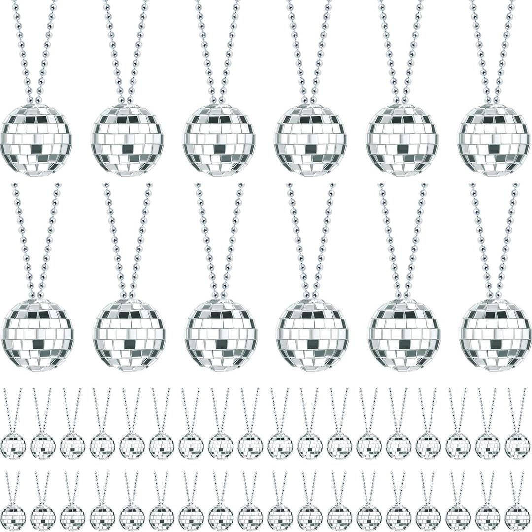 Junkin 48 Pieces Disco Necklaces Decoration Bulk Disco Mirror Ball New Year 70s Party Favors Mini Balls Decoration, 1.57 Inch Stage Props Accessories (Silver)