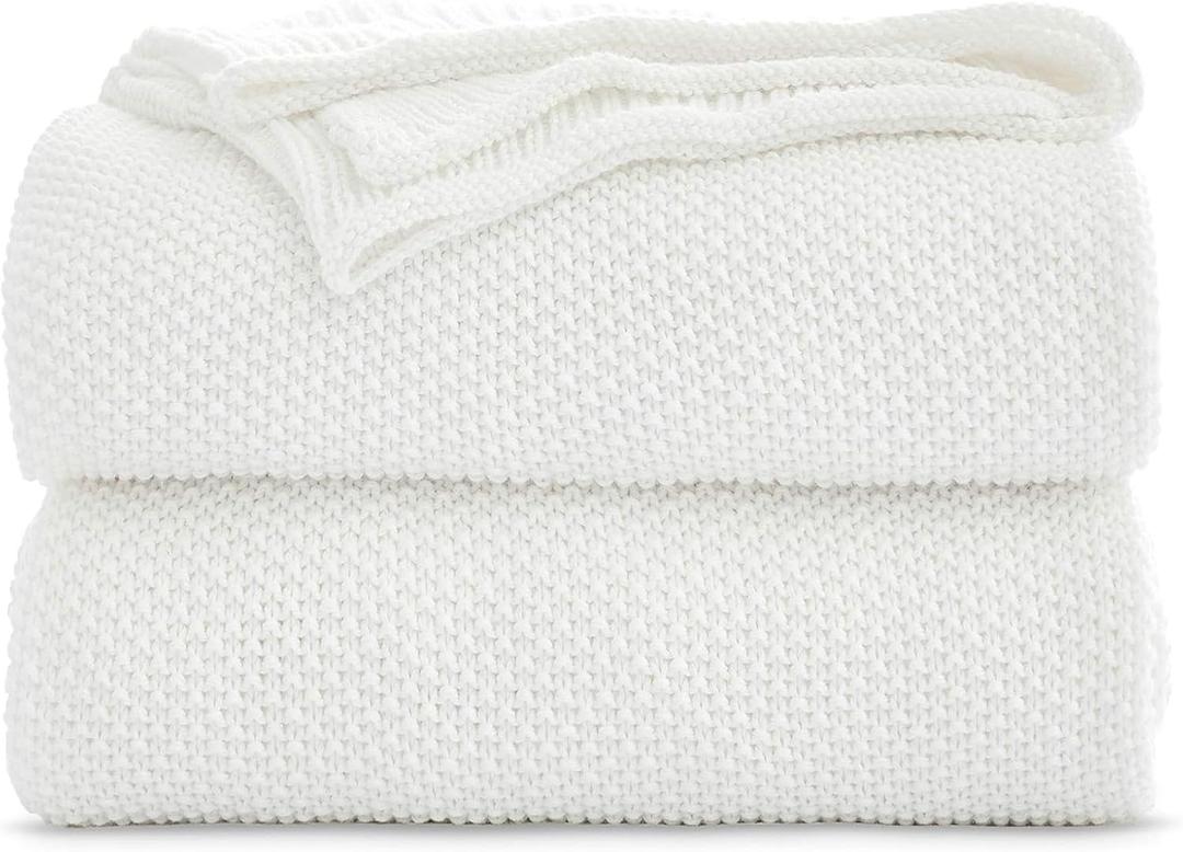 Longhui bedding 100% Cotton Ivory White Lightweight Cable Knit Throw Blanket for Couch Sofa Bed Home Dcor 50 x 60, Bonus Laundering Bag, Machine Washable