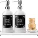 Kitchen Soap Dispenser Set, 16Oz White Glass Dispenser with Stainless Steel Pump, Instant Dry Tray, Waterproof Labels, Non-Slip Silicone Pad, Luxury Soap Dispenser Set for Kitchen, Bathroom