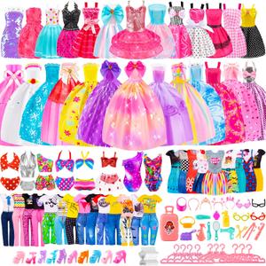 110 Pcs Doll Clothes and Accessories Dress up Toys for Girls with Wedding Dresses, Casual Dresses, Casual Jumpsuit, Swimsuits Bikini, Glasses, Shoes, Hangers, Doll Clothes Toys for Girl Gift