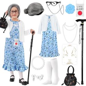9 pcs Old Lady Costume for Kids,100 Days of School Costume Old Lady Wig for Girls, Granny Grandma Dress Up (8-10 yr, Blue)