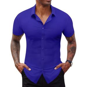 Lion Nardo Stretch Dress Shirts for Men Short Sleeve Slim Fit Casual Button Down Shirts Muscle Fit Men's Dress Shirts, L