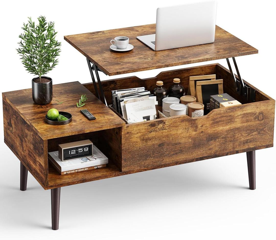 OLIXIS Wooden Coffee Table, Lift Top Coffee Table with Large Hidden Compartment and Ample Storage Shelf, Lift Tabletop Dining Table for Living Room, Home Small Space, Rustic, 19.7 inches x 39.4 inches x 6.3 inches