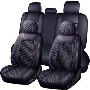 Luxury Car Seat Covers Full Set, Breathable Faux Leather Car Seat Protector, Dog Child Kids Summer Ventilated Seat Cushion for Front & Back Seats, Universal, Black, Full Set 5 Seats (Black Red Line)
