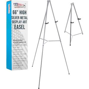 U.S. Art Supply 66" High Gallery Silver Metal Display Easel - Large Adjustable Height Portable Easel Stand, Sign Display, Holds 25 lbs - Floor & Tabletop Easels, Painting Stand