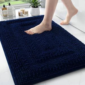 Color&Geometry 24x16 Ultra Soft Chenille Blue Bathroom Rugs, Non-Slip Bath Mat with Elastic Fabric Backing, Super Absorbent and Washable Shower Mats for Inside Shower,Tub,Bathroom, Navy Blue