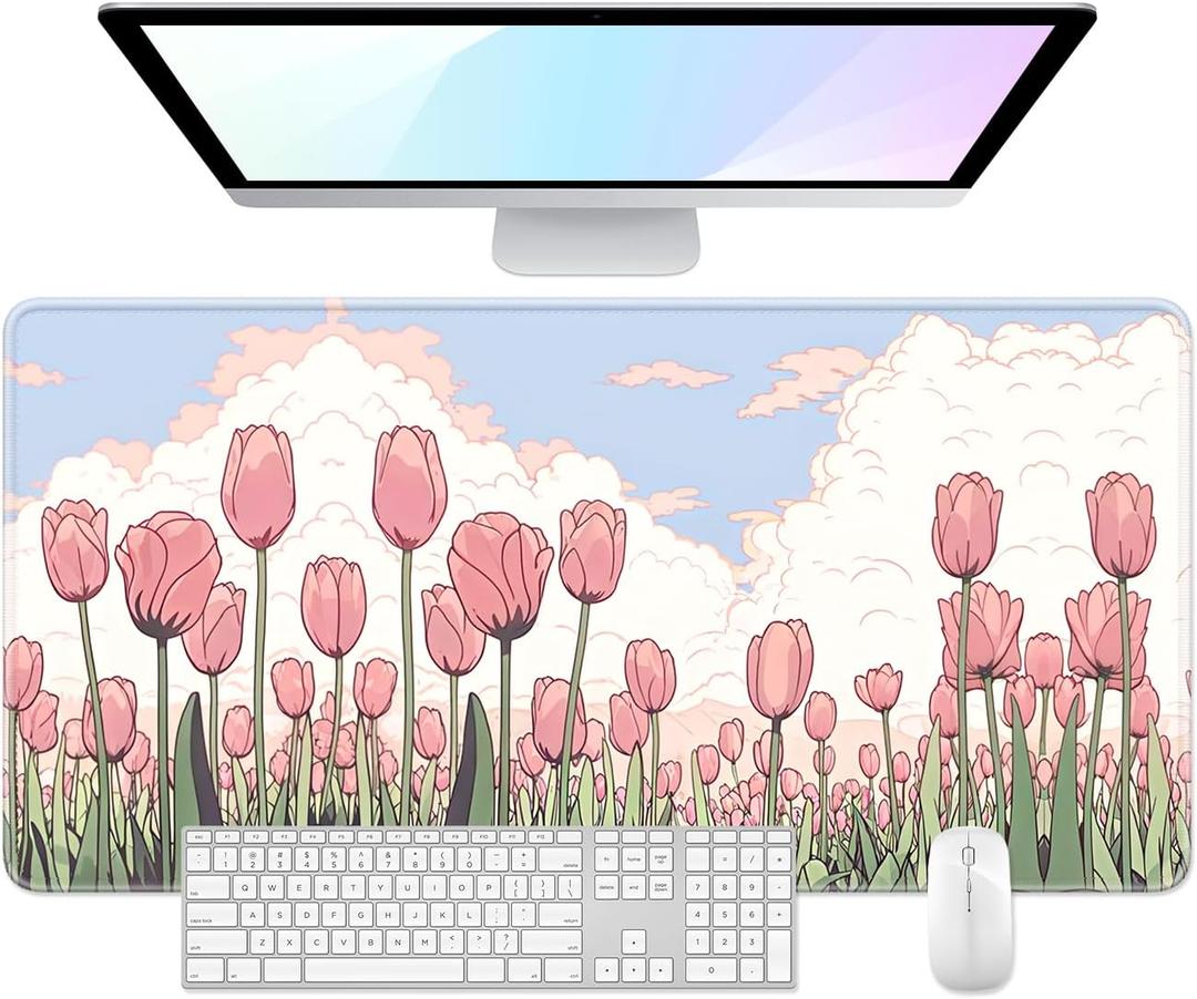 Desk Pad, 32" x 16" XXXL Extended Large Gaming Mouse Pad, Desktop Decor Desk Mat, Men Women Office Supplies and Accessories, Cute Anime Mouse Mat for Laptop & Keyboard, Pink Tulip