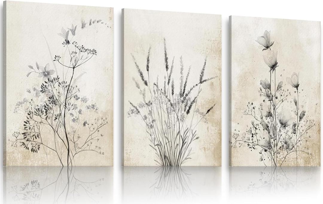KBIERQN 3Pcs Vintage Floral Canvas Wall Art Rustic Flower Paintings Poster Prints Modern Minimalist Wildflowers Pictures Neutral Boho Wildflower for Living Bedroom Wall Decor 16x24in Framed