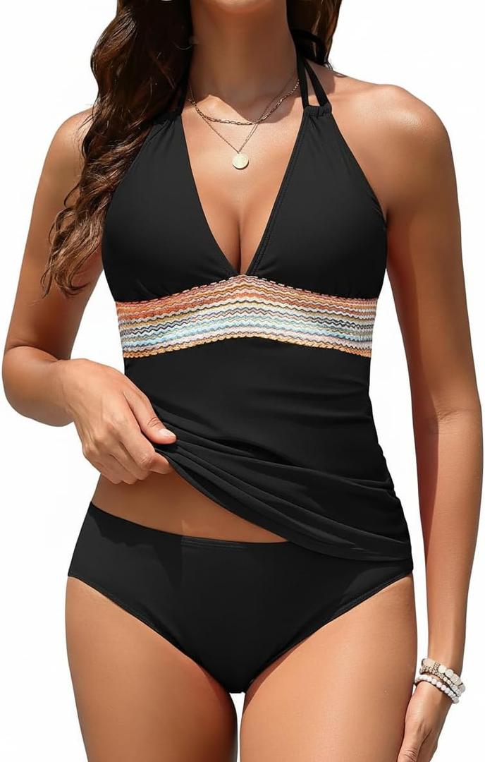 Women Tummy Control Tankini Swimsuit - Halter Swimsuit Two Piece Bathing Suit Color Block 2025 Swimwear Black L