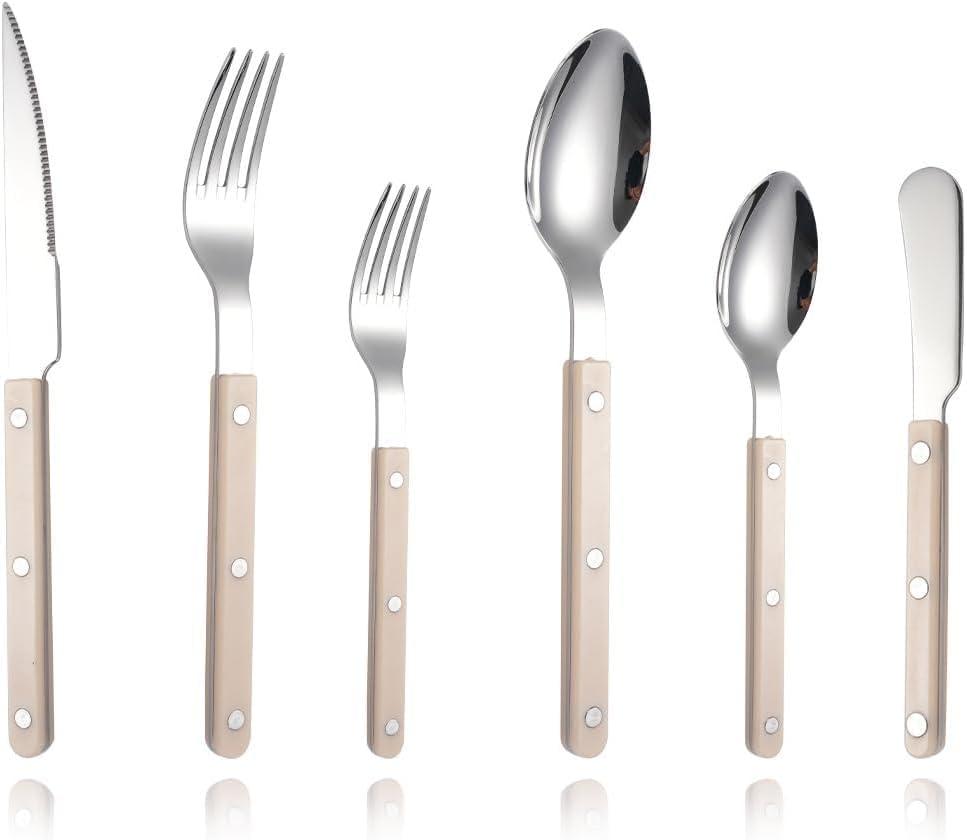 6-Piece Stainless Steel Silverware Cutlery Set - Color Handle with Rivet/Retro Style Sabre Flatware - Includes Dinner Knife; Dinner Fork; Salad Fork; Soup Spoon; Teaspoon; Spreader (Beige white)
