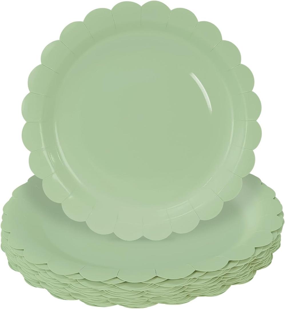 HEIPINIUYE 50 Pieces Sage Green Paper Plates 9 Inch Sage Scalloped Plates Disposable Dinner Plates for Wedding Baby Shower Birthday Party Dessert Plates